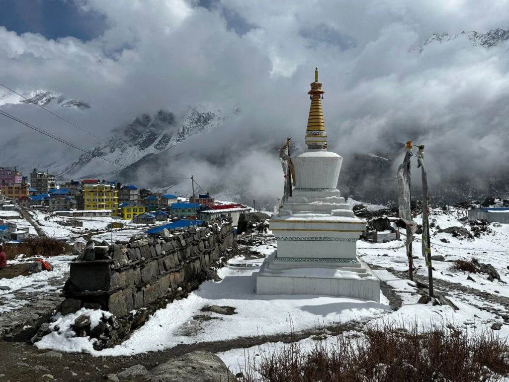 Buddhist stupa near Kyanjin Gompa with Himalayan views on the Langtang Gosaikunda trek