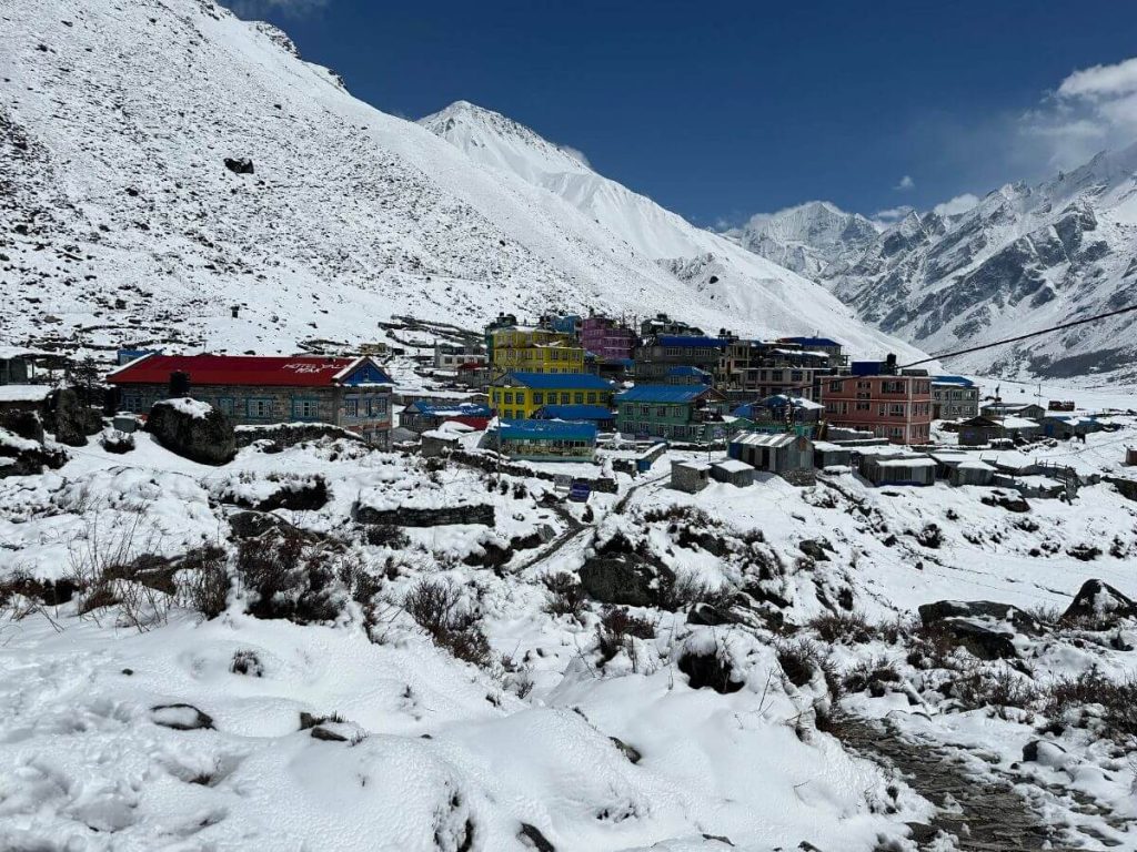 Snow-covered Kyanjin Gompa village in Langtang Valley during the Langtang Gosaikunda trek