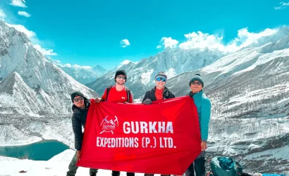 Founder of Gurkha Expeditions with trekkers in Manaslu circuit trek